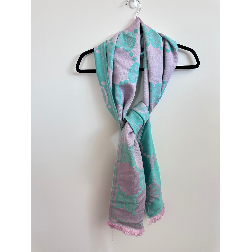 Gucci GG Jacquard Scarf Reversible Turquoise Lilac Pink Wool Monogram Logo